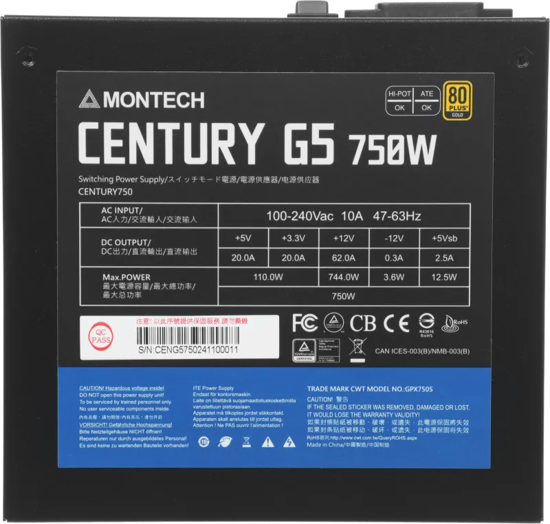 Блок питания Montech ATX 750W CENTURY GOLD G5 80+ gold (20+4pin) APFC 120mm fan 10xSATA Cab Manag RTL