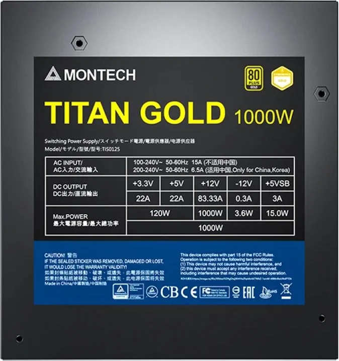 Блок питания Montech ATX 1000W TITAN GOLD Gen.5 80+ gold (20+4pin) APFC 135mm fan 12xSATA Cab Manag RTL