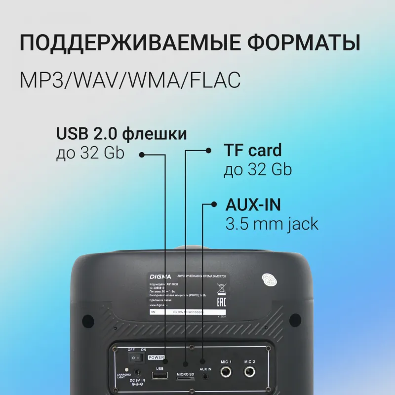 Минисистема Digma D-MC1700 черный 30Вт FM USB BT micro SD