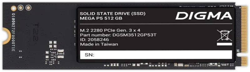 Накопитель SSD Digma PCIe 3.0 x4 512GB DGSM3512GP53T Mega P5 M.2 2280
