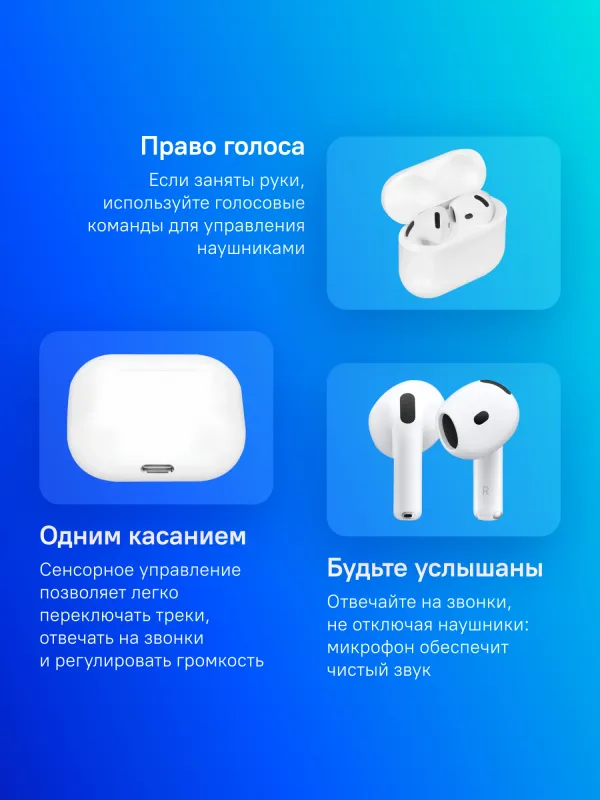 Гарнитура вкладыши Apple A3050,A3053,A3058 AirPods 4 белый беспроводные bluetooth в ушной раковине (MXP63ZA/A)