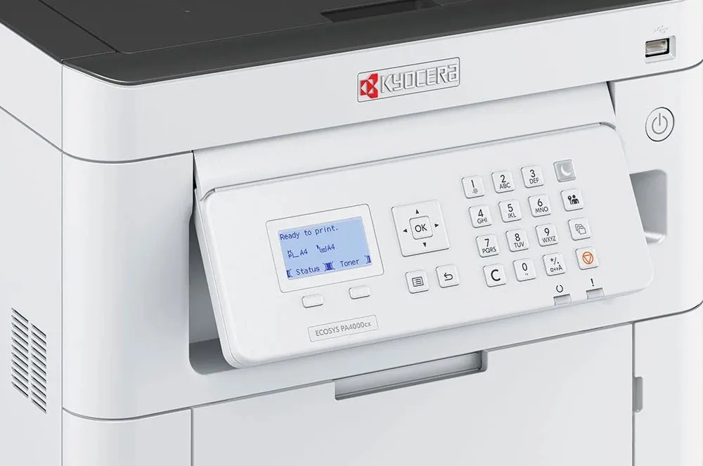 Принтер Kyocera ECOSYS PA4000cx (цвет. лазерный, A4, 40 стр/мин, 1200x1200 dpi, 1 Гб, USB 2.0, Network, лоток 550 л., Duplex, старт.тонер 3500/2500 стр.)