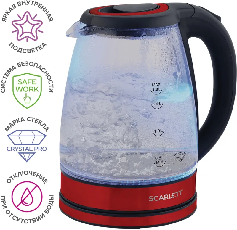 Чайник электрический Scarlett SC-EK27G85 1.8л. 1800Вт красный/черный корпус: стекло