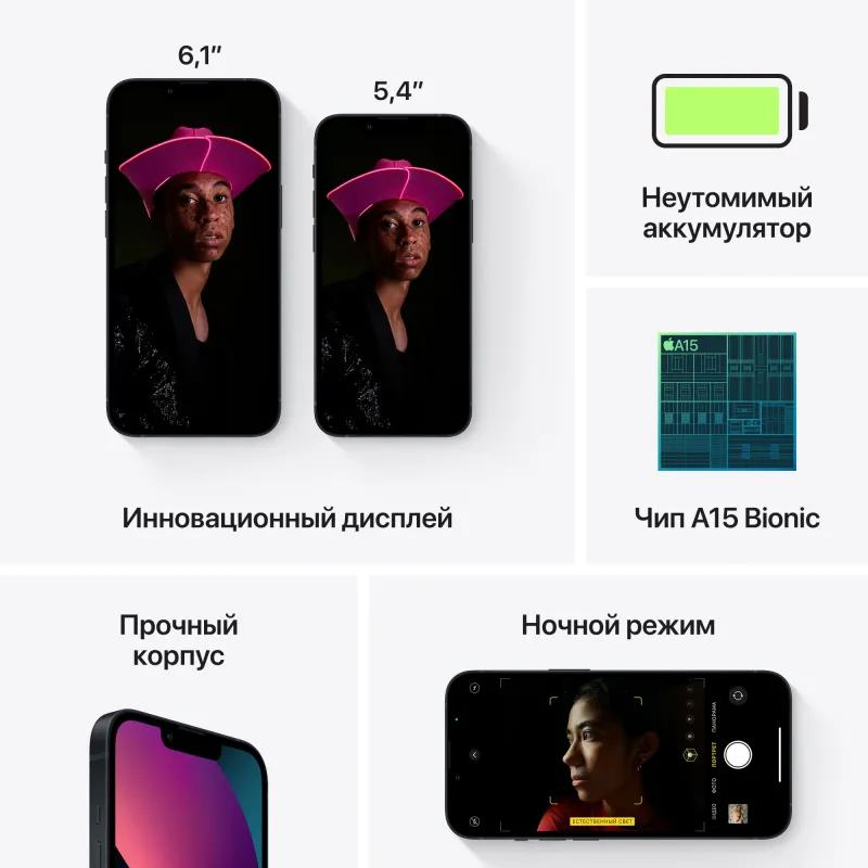Смартфон Apple A2633 iPhone 13 128Gb 4Gb темная ночь моноблок 3G 4G 6.1" 1170x2532 iOS 16 12Mpix 802.11 a/b/g/n/ac/ax NFC GPS GSM900/1800 GSM1900 TouchSc Protect