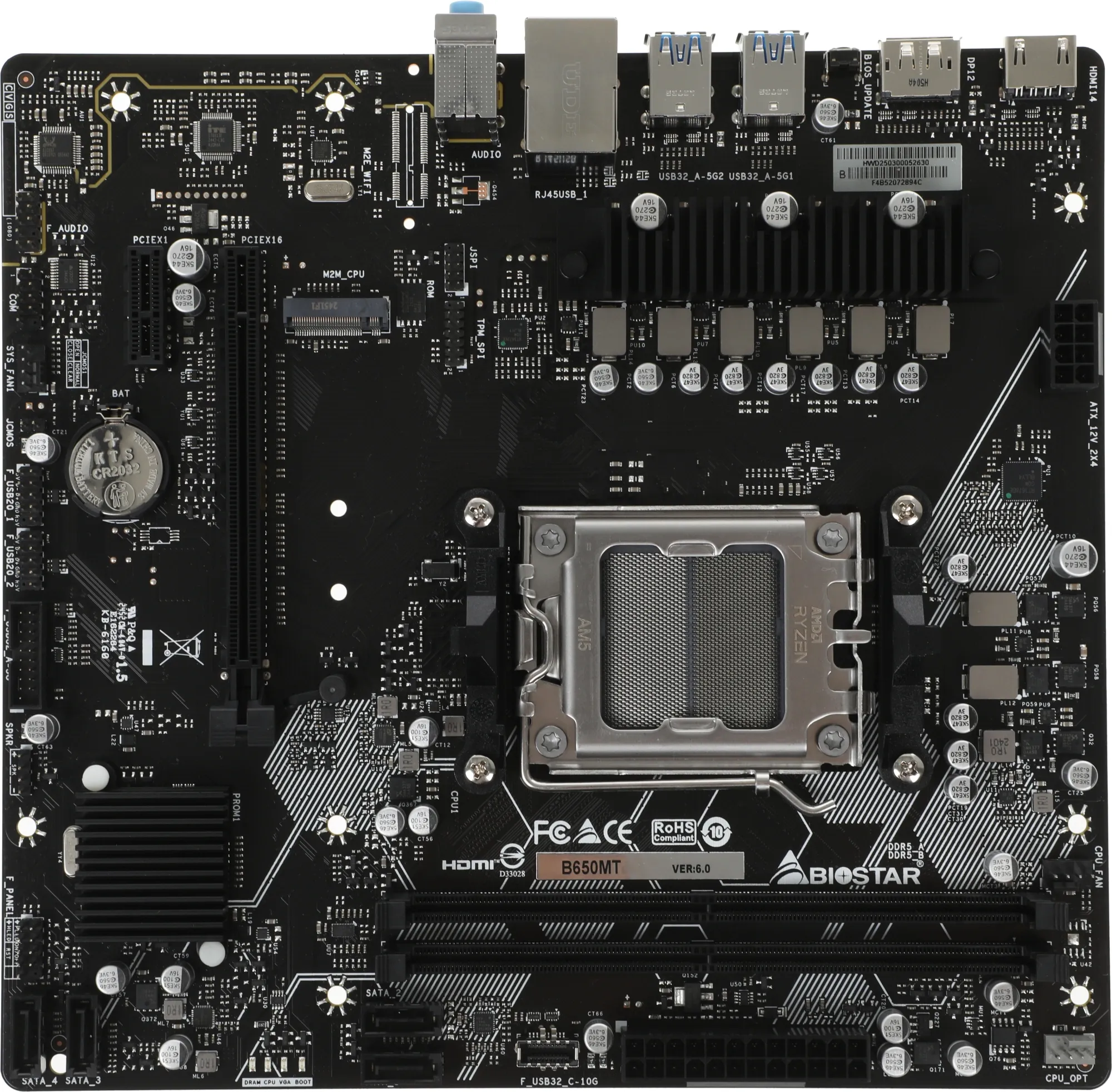 Материнская плата Biostar B650MT SocketAM5 AMD B650 2xDDR5 mATX AC`97 8ch(7.1) GbLAN RAID+HDMI+DP