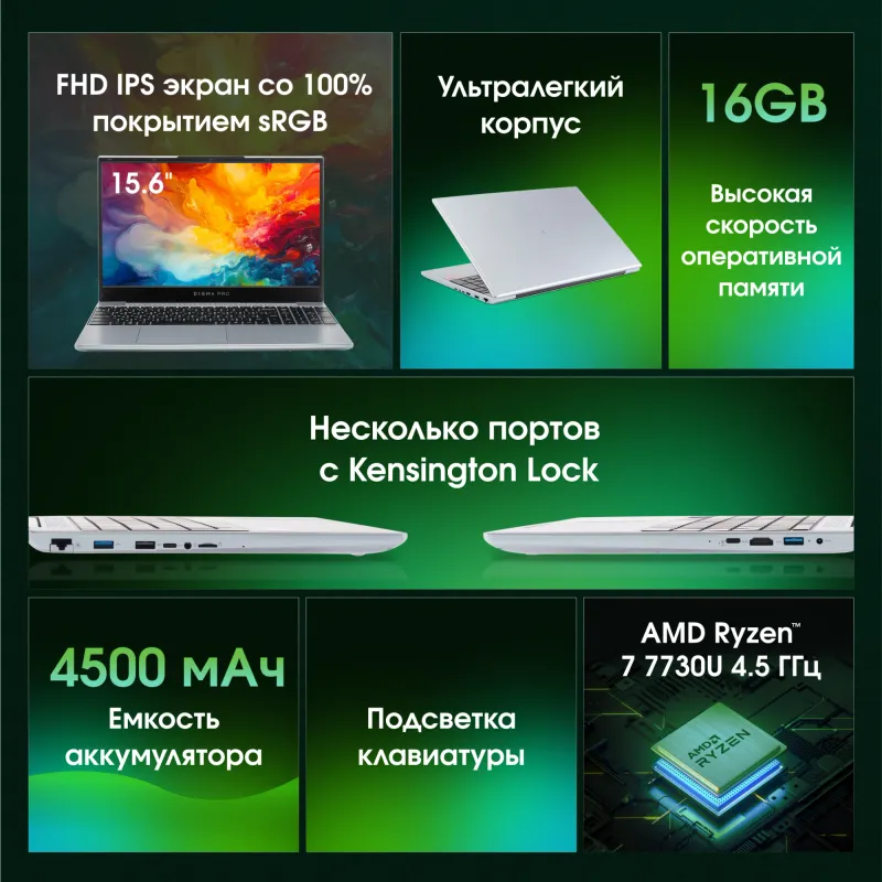 Ноутбук Digma Pro Breve Ryzen 7 7730U 16Gb SSD512Gb AMD Radeon Graphics 15.6" IPS FHD (1920x1080) Windows 11 Pro silver WiFi BT Cam 4500mAh (DN15R7-ADXW05)