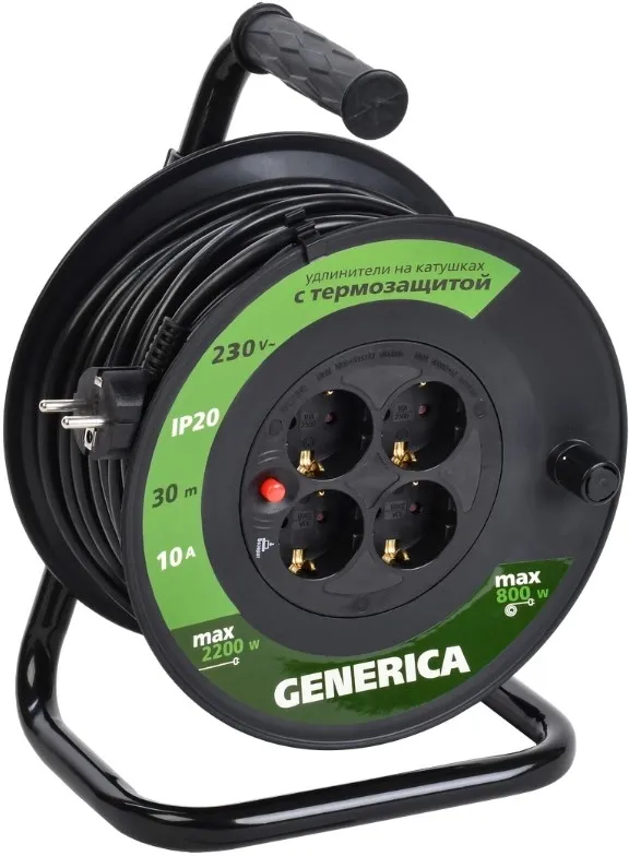 Удлинитель силовой Garden УК30 (WKP10-10-04-30-G) 2x1.0кв.мм 4розет. 30м ПВС 10A катушка черный