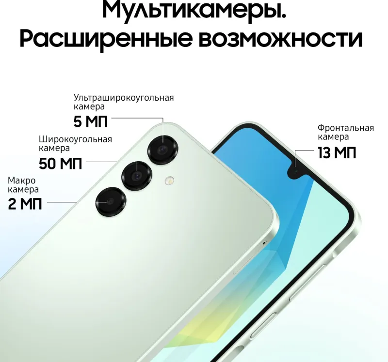 Смартфон Samsung SM-A165F Galaxy A16 128Gb 4Gb мятный моноблок 3G 4G 2Sim 6.7" 1080x2340 Android 14 50Mpix 802.11 a/b/g/n/ac NFC GPS GSM900/1800 GSM1900 TouchSc microSD max1024Gb