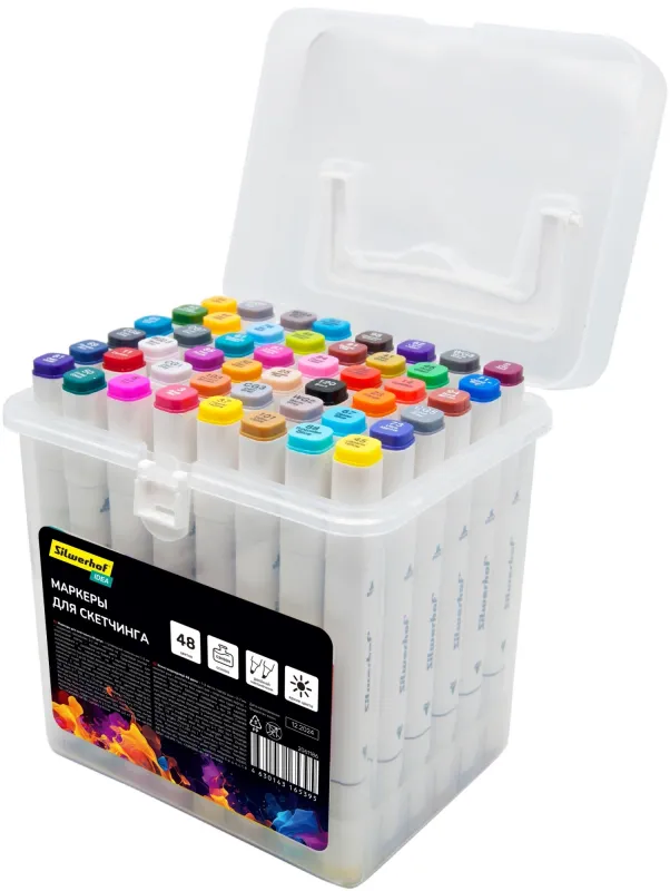Набор маркеров для скетчинга Silwerhof Idea двойной пиш. наконечник 1-7мм 48цв. (48шт.) пластиковая коробка