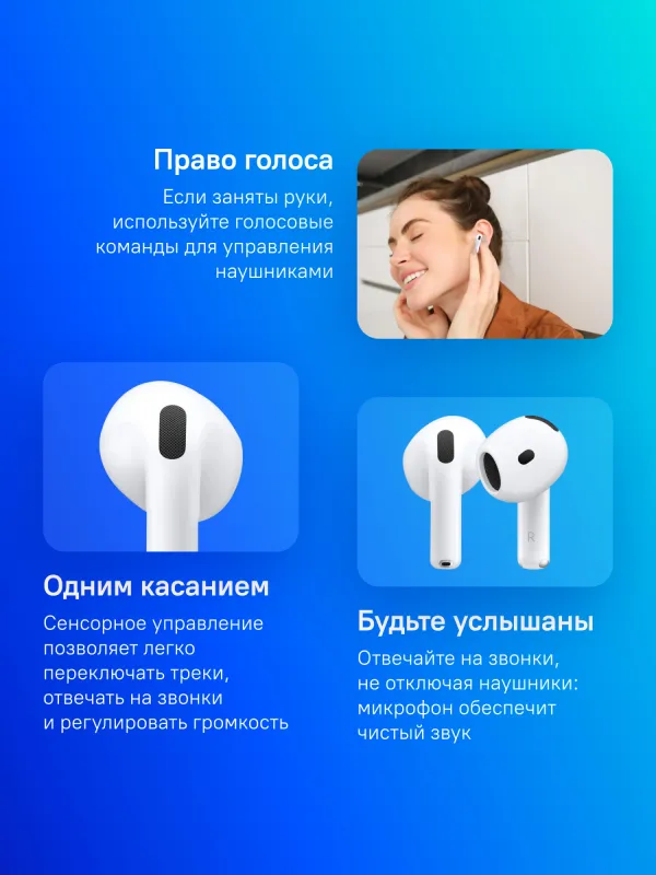 Гарнитура вкладыши Apple A3050,A3053,A3058 AirPods 4 белый беспроводные bluetooth в ушной раковине (MXP63LL/A)