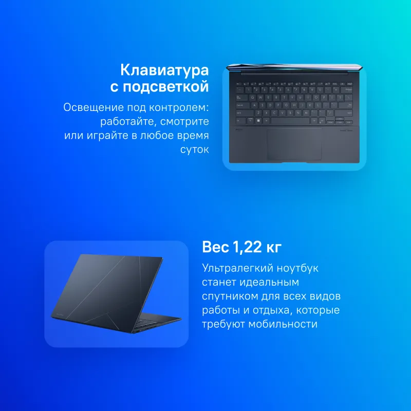 Ноутбук Asus Zenbook 14 OLED UX3405MA-QD992 Core Ultra 9 185H 16Gb SSD512Gb Intel Arc 14" OLED FHD+ (1920x1200) noOS blue WiFi BT Cam Bag (90NB11R1-M01SU0)