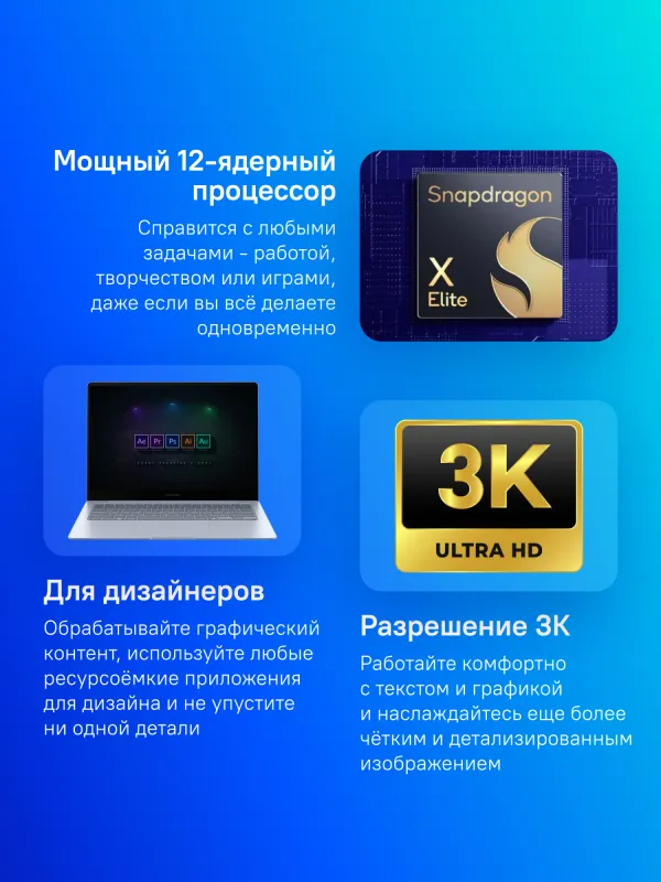 Ноутбук Samsung Galaxy Book 4 Edge NP940 Snapdragon X Elite X1E-80-100 16Gb SSD512Gb Adreno 14" AMOLED Touch 3K (3200x1800) Windows 11 Home dk.blue WiFi BT Cam (NP940XMA-KB1US)