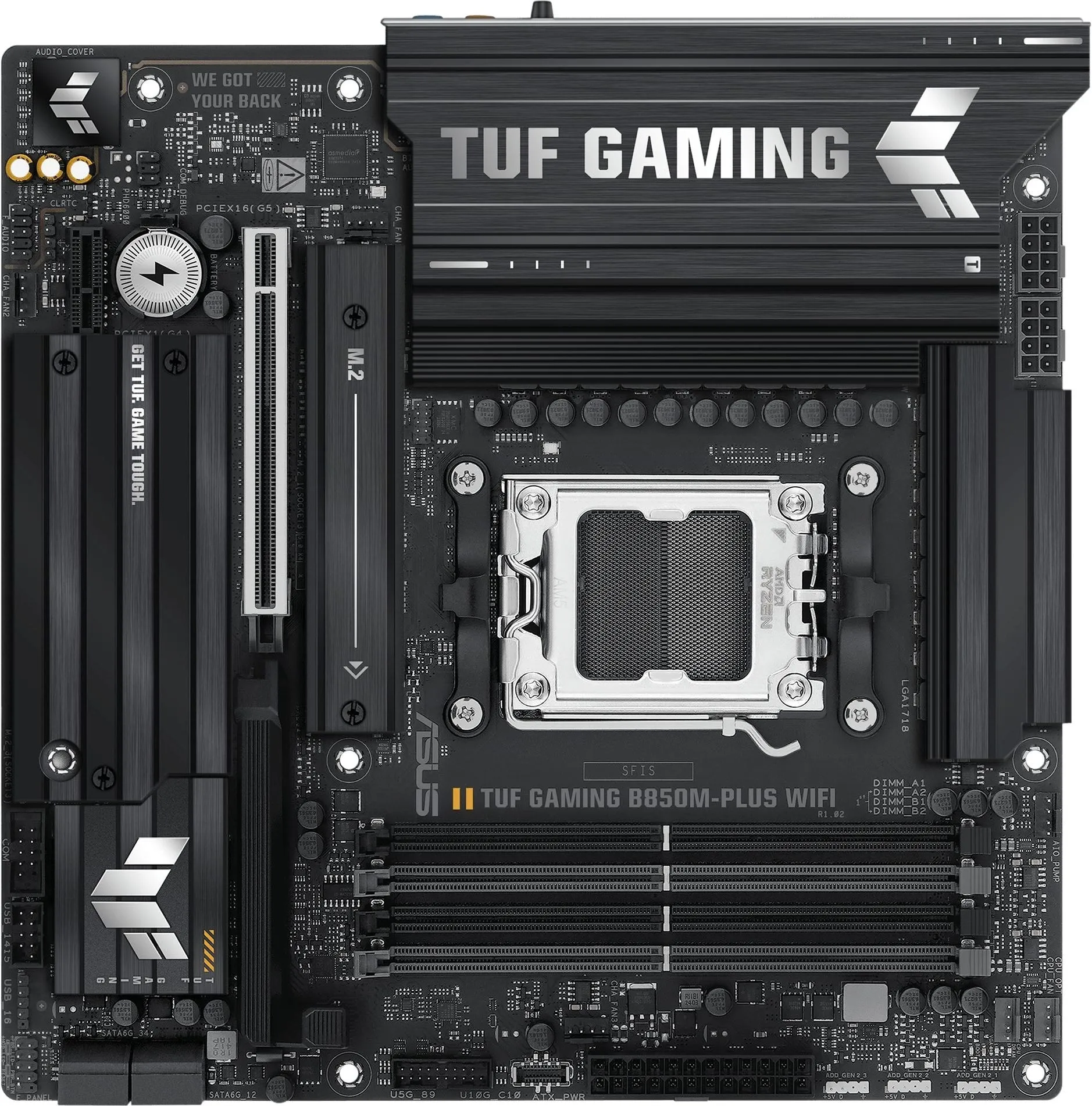 ASUS TUF GAMING B850M-PLUS WIFI, AM5, B850, 4*DDR5, 4*SATA, 3*M.2, 7*USB 3.2, 4*USB 2.0, Type-C, 2*PCIx16, 1*PCIx1, DP+HDMI, mATX; 90MB1IY0-M0EAY0