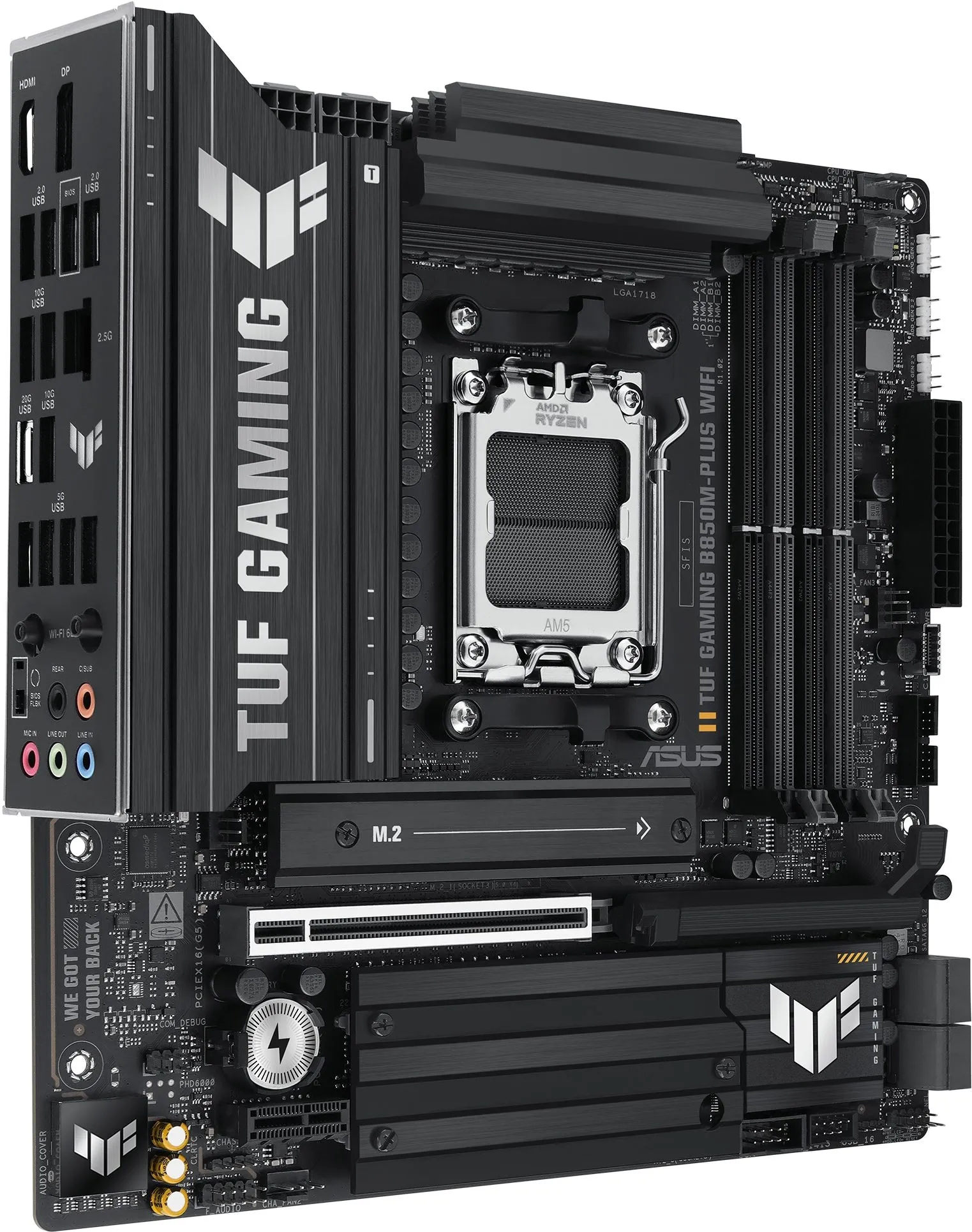 ASUS TUF GAMING B850M-PLUS WIFI, AM5, B850, 4*DDR5, 4*SATA, 3*M.2, 7*USB 3.2, 4*USB 2.0, Type-C, 2*PCIx16, 1*PCIx1, DP+HDMI, mATX; 90MB1IY0-M0EAY0