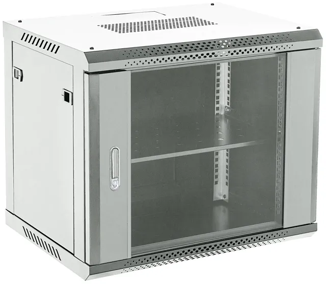 Шкаф коммутационный Rexant (04-0964-111) настенный 9U 600x450мм пер.дв.стекл 2 бок.пан. металл направл.под винты 60кг серый 230град. IP20 сталь