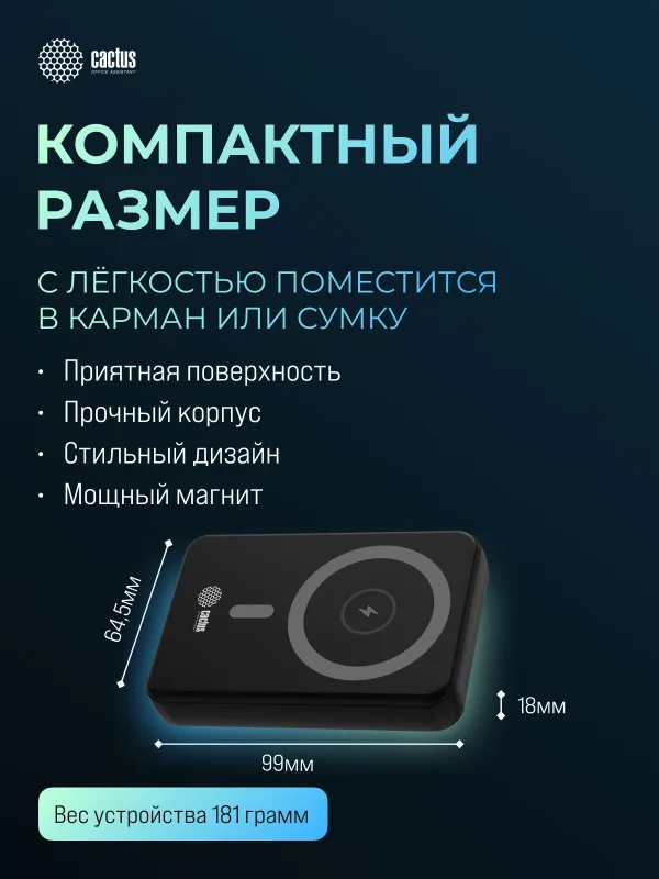 Мобильный аккумулятор Cactus CS-PBFSUA-10000 10000mAh 22.5W 4.5A USB-C беспров.зар. черный