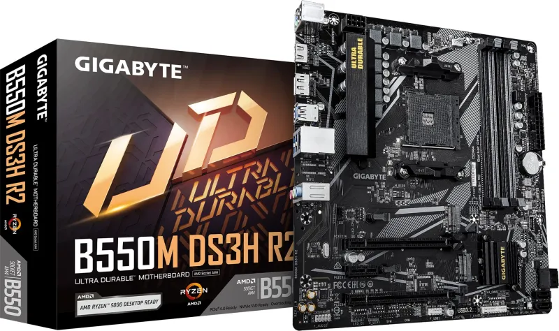 Материнская плата Gigabyte B550M DS3H R2 Soc-AM4 AMD B550 4xDDR4 mATX AC`97 8ch(7.1) GbLAN RAID+HDMI+DP