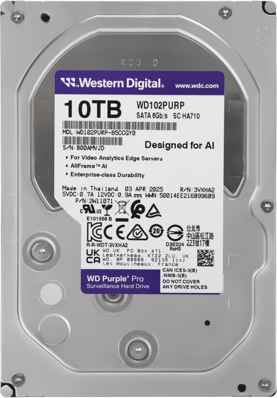 Жесткий диск Western Digital Purple Pro HDD 3.5" SATA 10Tb, 7200 rpm, 512MB buffer (DV&NVR + AI), WD102PURP, 1 year