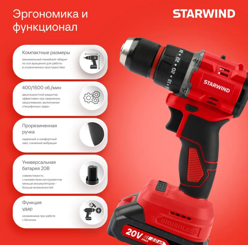 Дрель-шуруповерт Starwind CDB20-2.0/2hs1 20Вт аккум. патрон:быстрозажимной