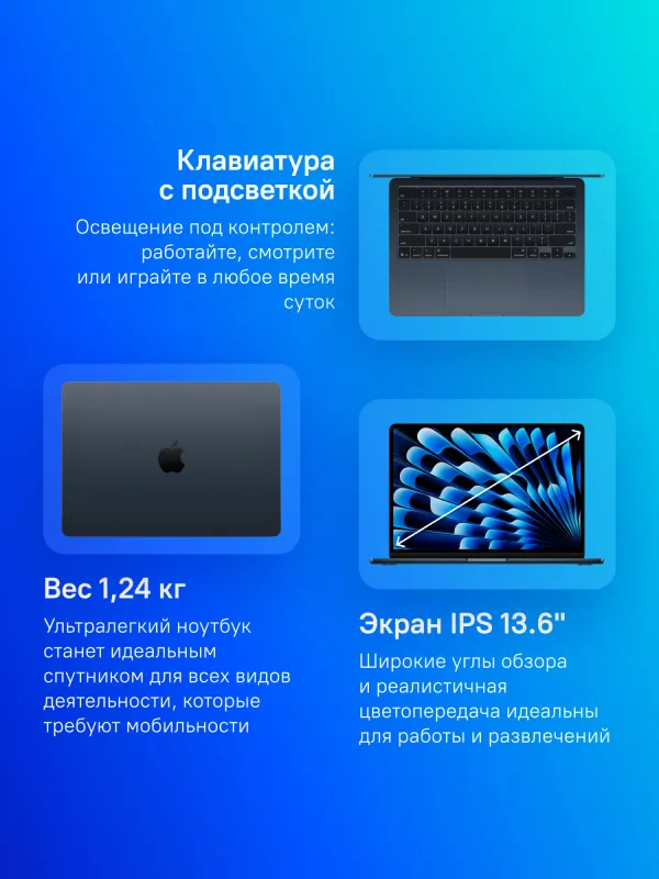 Ноутбук Apple MacBook Air A3240 M4 10 core 16Gb SSD256Gb/8 core GPU 13.6" Liquid Retina (2560x1664) macOS midnight WiFi BT Cam (MW123HN/A)