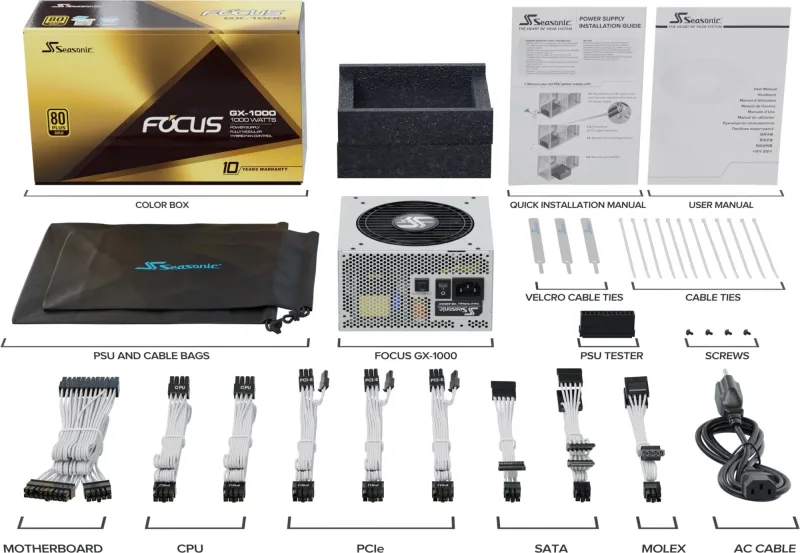 Блок питания Seasonic ATX 1000W Focus GX-1000 Gen.5 WHITE 80+ gold (20+4pin) APFC 135mm fan 10xSATA Cab Manag RTL