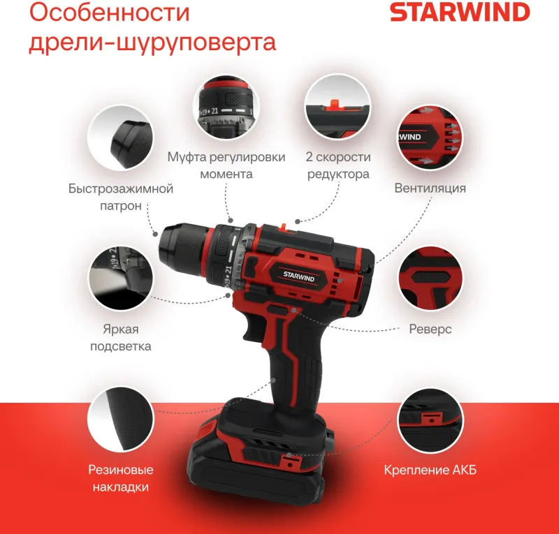 Дрель-шуруповерт Starwind CD20/2S1 40Вт аккум. патрон:быстрозажимной