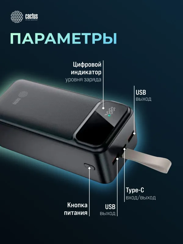 Мобильный аккумулятор Cactus CS-PBFSND-40000 40000mAh 65W 3A черный