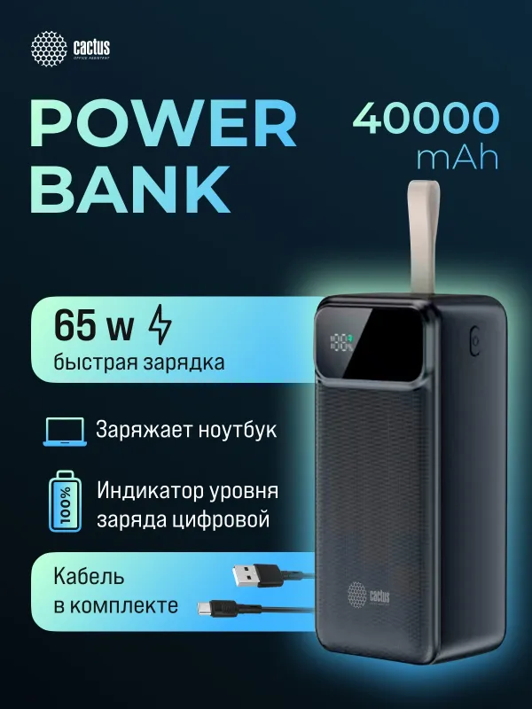 Мобильный аккумулятор Cactus CS-PBFSND-40000 40000mAh 65W 3A черный