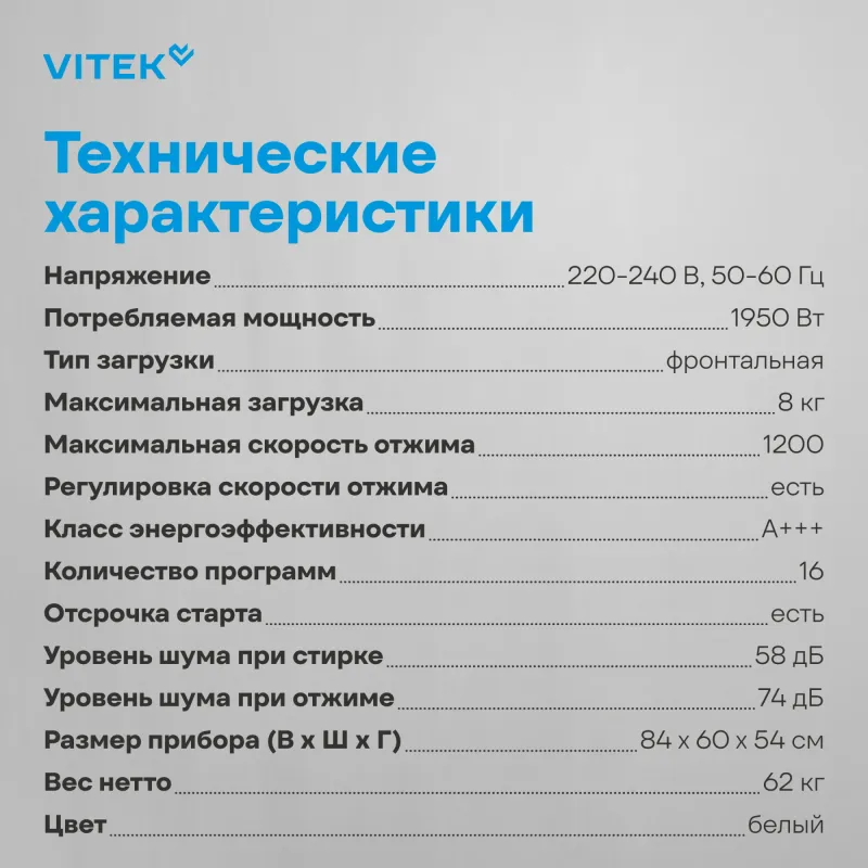 Стиральная машина Vitek VT-WME8201 класс: A+++ загр.фронтальная макс.:8кг белый инвертор