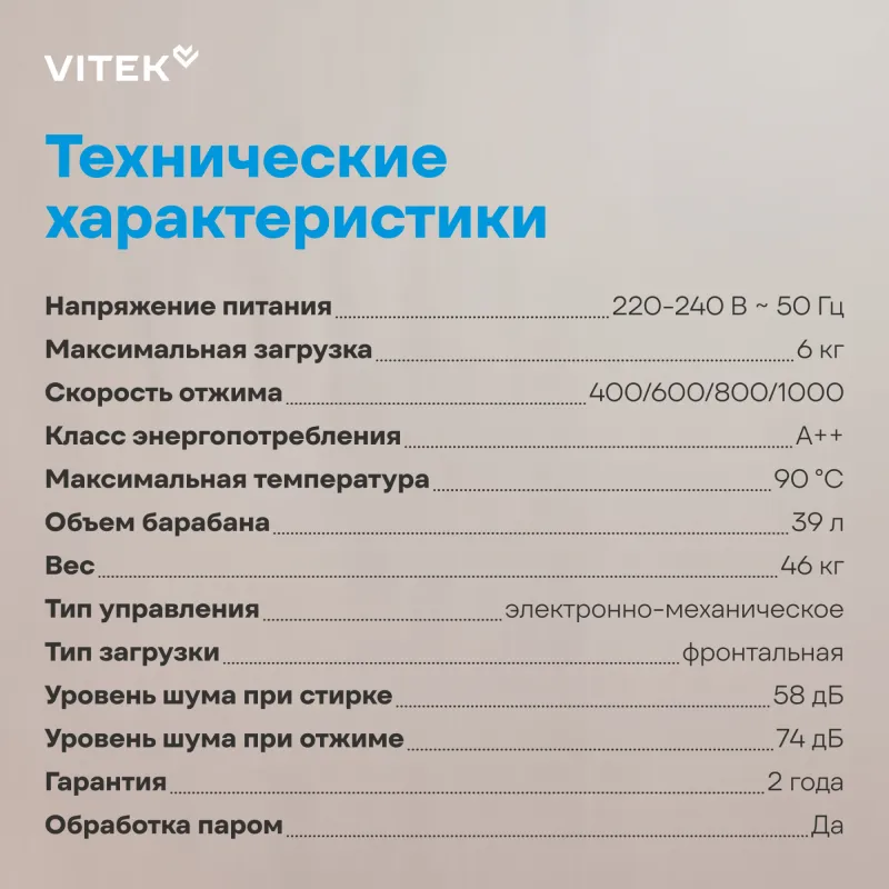 Стиральная машина Vitek VT-WSE6001 класс: A+++ загр.фронтальная макс.:6кг белый инвертор