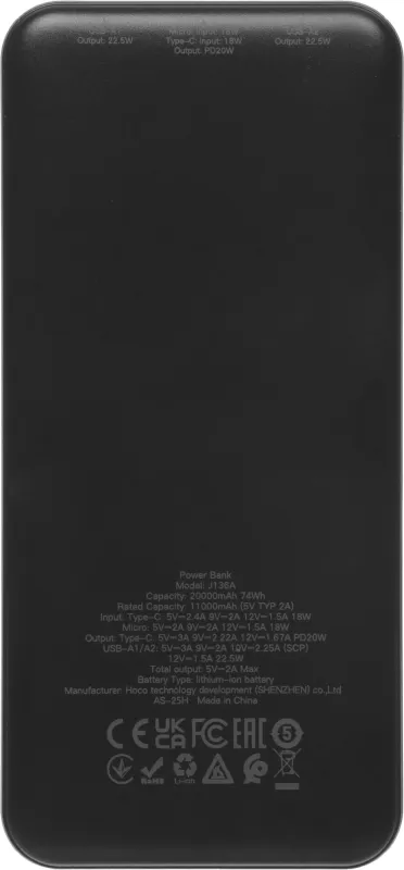 Мобильный аккумулятор Hoco J136A 20000mAh 2A черный (34830)