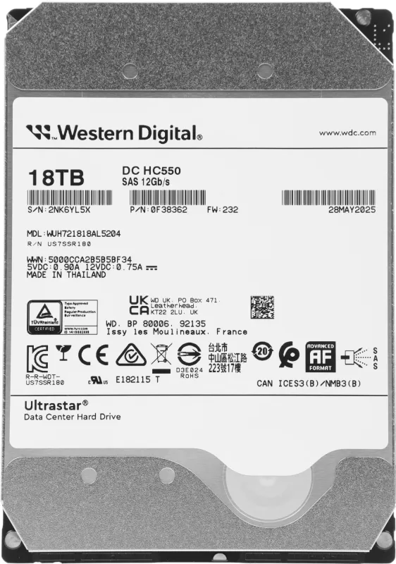 Жесткий диск WD SAS 3.0 18TB 0F38362 WUH721818AL5204 Server Ultrastar DC HC550 512E (7200rpm) 512Mb 3.5"