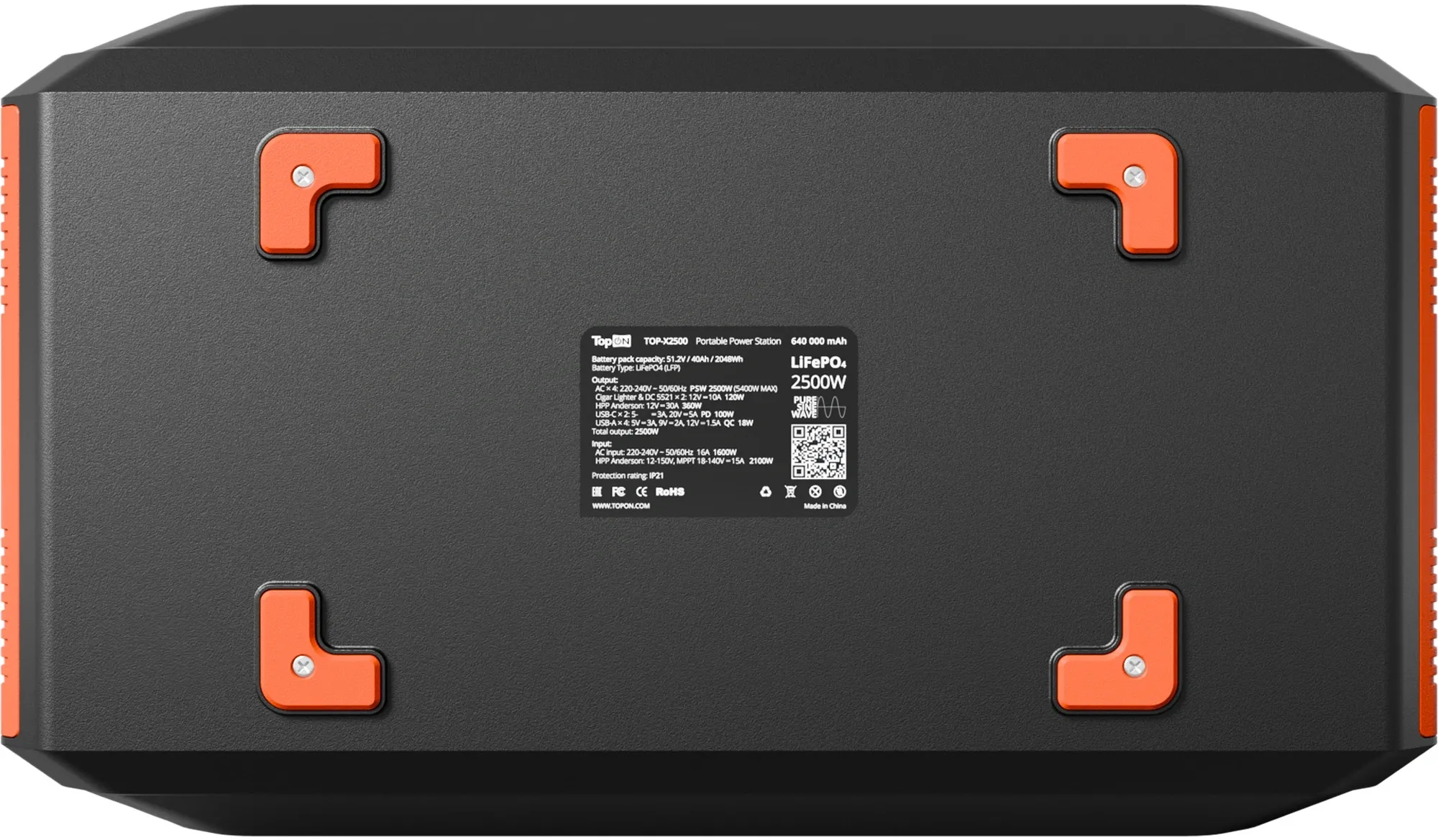 Электростанция портативная TopON TOP-X2500 640000mAh 16A QC3.0/PD2.0 6xUSB черный/оранжевый (103504)