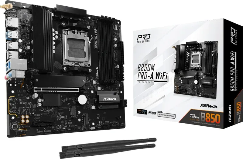 ASROCK B850M PRO-A WIFI, AM5, B850, 4*DDR5, 4*SATA, 4*M.2, 4*USB 2.0, 3*USB 3.2, 2*Type-C, 2*PCIx16, 1*M.2 (Key E), HDMI+DP, mATX