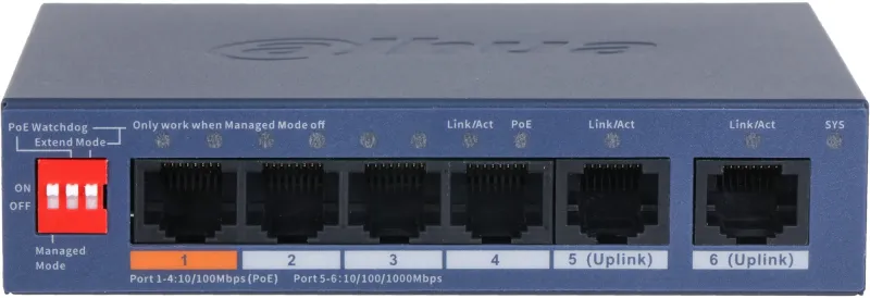 Коммутатор Dahua DH-CS4006-4ET2GT-60 4x100Мбит/с 2x1Гбит/с 2xКомбо(1000BASE-T/SFP) управляемый