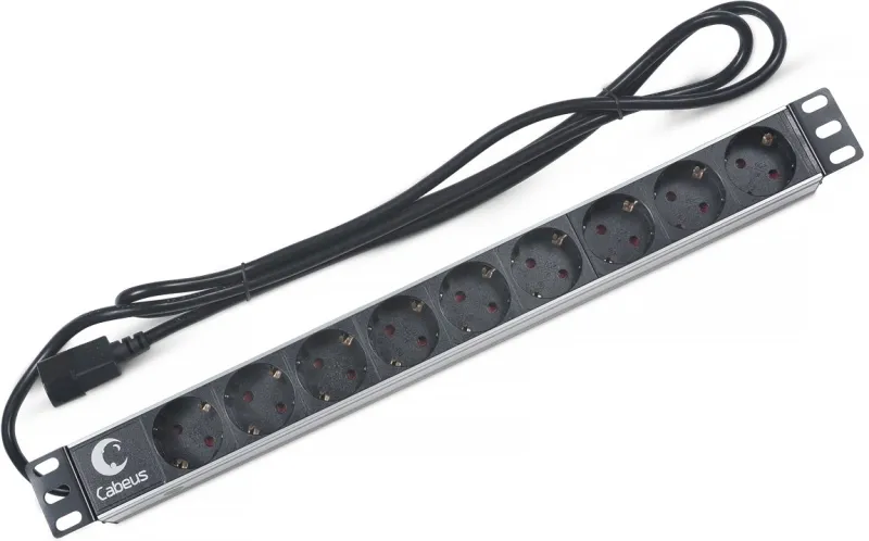 Cabeus PDU-9P-2IEC Блок евророзеток для 19" шкафов, горизонтальный, 9 розеток, 10 A, без выключателя, алюминиевый корпус, шнур 2 м, вилка IEC 320 C14