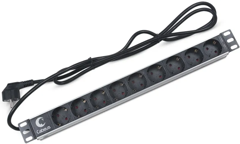 Cabeus PDU-9P-2EU Блок евророзеток для 19" шкафов, горизонтальный, 9 розеток, 16 A, без выключателя, шнур 2м, алюминиевый корпус, немецкий стандарт