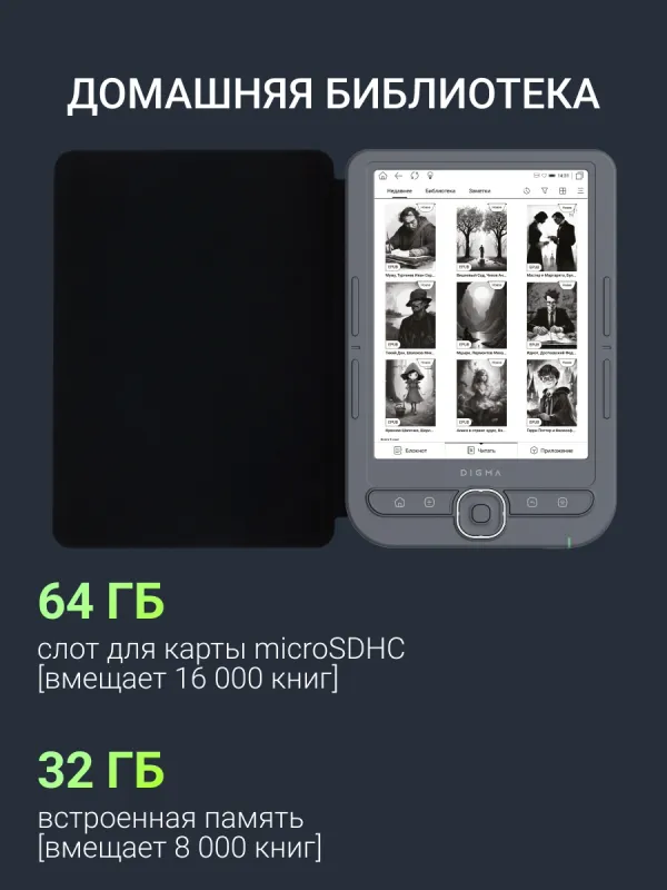 Электронная книга Digma Syne 6" E-ink HD Pearl 758x1024 600MHz 128Mb/4Gb/SD/microSDHC/подсветка дисплея темно-серый (в компл.:обложка)