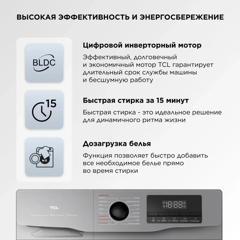 Стиральная машина TCL W-SF606G с паром класс: A+++ загр.фронтальная макс.:6кг серый инвертор