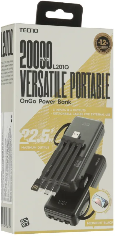 Мобильный аккумулятор Tecno Pocket L201Q 20000mAh QC3.0/PD 22.5W 3A USB-A/2xUSB-C черный (L201Q)