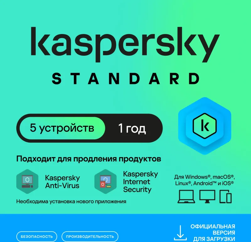 Ключ активации Kaspersky Standard Russian Edition 5-Device 1Y Base Download Pack (KL1041RDEFS)