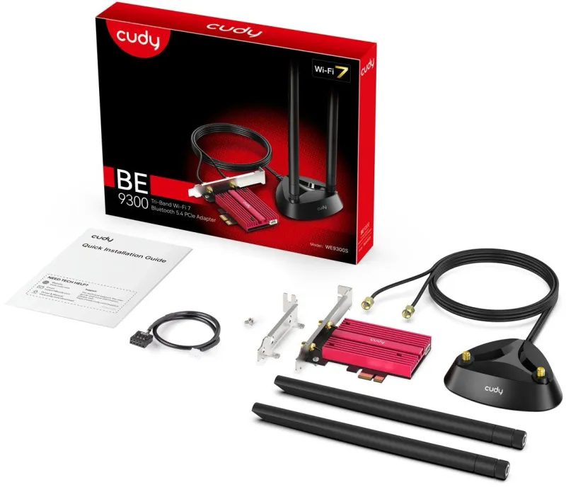 Адаптер беспроводной связи (Wi-Fi) CUDY BE9300  Wi-Fi 7 PCI Express Adapter BE9300 Wi-Fi 7 Bluetooth 5.4 PCI Express Adapter with Heatsink and Magnetized Antenna Base,  Intel BE200 module,Tri-band 2T2R, 5.8Gbps@6Ghz+2.8Gbps@5GHz + 688Mbps@2.4GHz, 802.11be