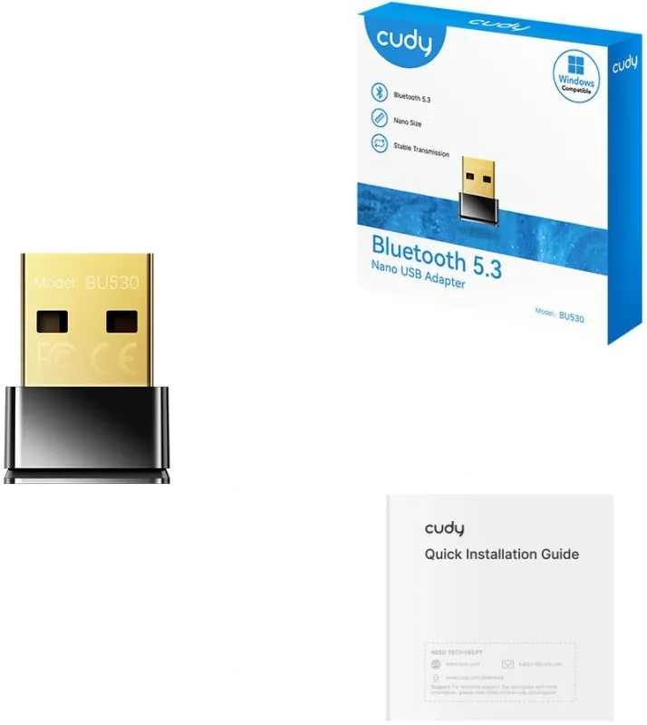 Адаптер беспроводной связи CUDY  BU530  Bluetooth 5.3 Nano USB Adapter, Nano Size, USB 2.0, Windows 11/10/8.1/7 