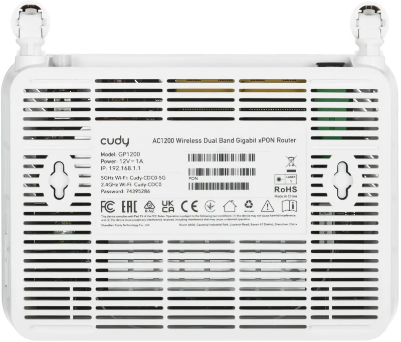 Маршрутизатор CUDY AC1200 Wi-Fi GPON Router Wireless Dual Band Gigabit xPON Router, Realtek chipset, GPON/EPON,  867Mbps at 5GHz + 300Mbps at 2.4GHz, 802.11ac/a/b/g/n, 1 PON Port, 4 Gigabit RJ45 port, Power ON/OFF Button,WPS Button,WiFi Button, Reset butt