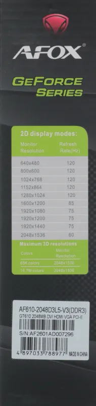 Видеокарта Afox PCI-E 3.0 AF610-2048D3L5-V3 NVIDIA GeForce GT 610 2Gb 64bit GDDR3 810/1333 DVIx1 HDMIx1 CRTx1 HDCP Ret low profile