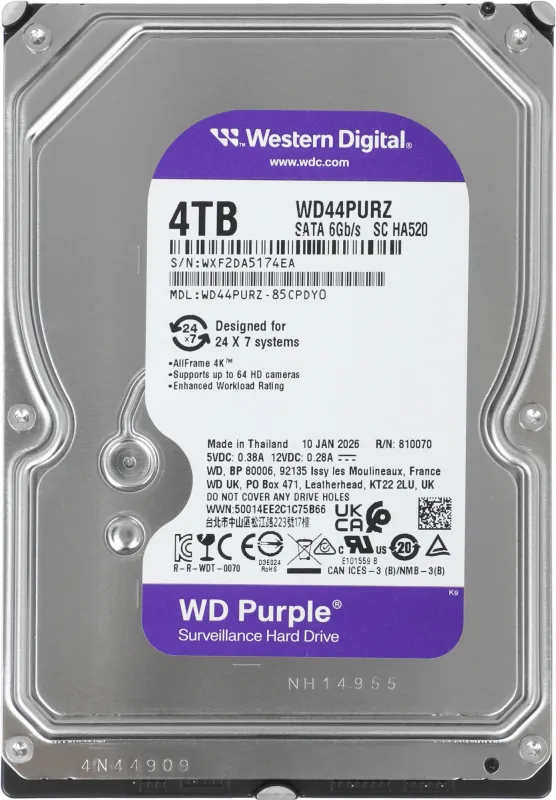 Жесткий диск Western Digital Purple HDD 3.5" SATA 4Tb, IntelliPower, 128MB buffer (DV&NVR), WD44PURZ, 1 year