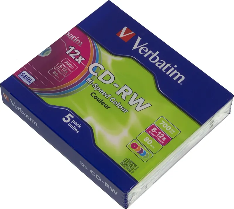 Диск CD-RW Verbatim 700Mb 12x Slim case (5шт) Color (43167)