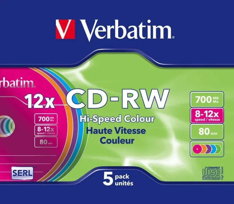 Диск CD-RW Verbatim 700Mb 12x Slim case (5шт) Color (43167)
