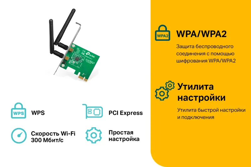 Сетевой адаптер Wi-Fi TP-Link TL-WN881ND N300 PCI Express (ант.внеш.съем) 2ант.