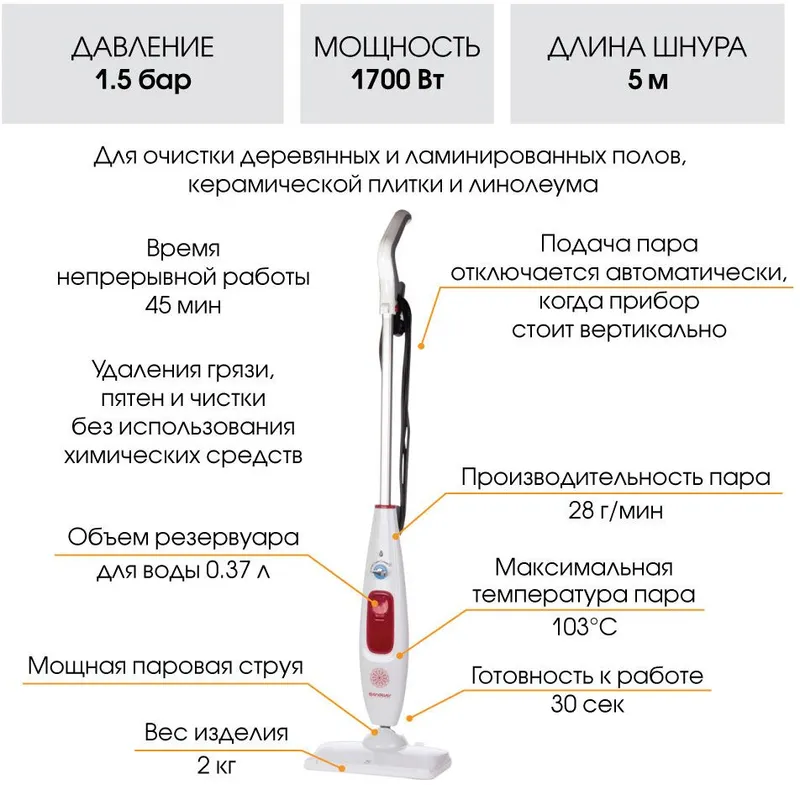 Швабра паровая Endever Odyssey Q-606 1700Вт белый/красный